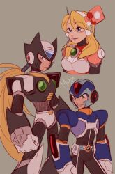 1girl 2boys absurdres alia_(mega_man) armor black_armor black_helmet blonde_hair blue_armor chest_jewel clenched_hand forehead_jewel helmet highres long_hair mega_man_(series) mega_man_x_(series) milaisadoodles multiple_boys x_(mega_man) zero_(mega_man) 