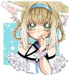  1girl animal_ear_fluff animal_ears arknights bare_shoulders black_collar blonde_hair blue_hairband blush braid braided_hair_rings closed_mouth collar commentary dot_mouth fox_ears fox_girl frilled_sleeves frills green_eyes hair_rings hairband hand_to_own_mouth highres infection_monitor_(arknights) looking_at_viewer shirogoori short_hair short_sleeves solo suzuran_(arknights) twin_braids upper_body wrist_cuffs 