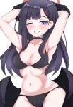  1girl absurdres armpits artist_request bikini black_bikini black_hair black_wings blue_archive breasts chef_rat closed_eyes commentary_typo hair_ornament hairclip halo highres ichika_(blue_archive) long_hair low_wings one_eye_closed smile solo swimsuit wings 