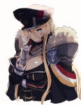  1girl azur_lane bismarck_(azur_lane) blonde_hair blue_eyes blush breasts cleavage_cutout cloak clothing_cutout fur-trimmed_cloak fur_trim gloves hair_between_eyes hat hey_taisyou highres large_breasts long_hair peaked_cap scratching_cheek simple_background solo upper_body white_background white_gloves 
