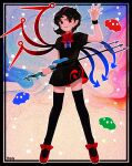  1girl arm_up asymmetrical_wings black_border black_dress black_hair black_thighhighs blue_wings border bow bowtie commentary dress full_body grin highres holding_trident houjuu_nue k0nfette looking_at_viewer pointy_ears polearm red_bow red_bowtie red_eyes red_footwear red_wings shoes short_hair short_sleeves smile snake solo thigh-highs touhou trident ufo waving weapon wings 
