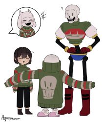  1girl 1other 2022 2boys 2d ? ambiguous_gender animated animated_gif anthro artist_name ayinspanner black_pants blue_shorts brothers brown_hair cape character_print christmas christmas_sweater digital_media female floppy_ears frisk_(undertale) fur furry furry_female gloves goat goat_ears goat_girl goat_horns green_sweater hands_on_own_hips height_difference horns human humanoid long_sleeves looping_animation male mammal monster monster_boy monster_girl oversized_clothes pants papyrus_(undertale) procreate_(medium) red_cape red_gloves sans_(undertale) short_hair shorts siblings simple_background skeleton sleeves_past_wrists standing striped striped_pants sweater teeth toriel turtleneck turtleneck_sweater undead undersized_clothes undertale white_background white_fur white_horns white_stripes 