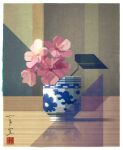  artist_logo cherry_blossoms commentary cup dada_610 flat_color flower highres no_humans original reflection signature 