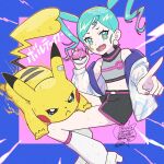  1girl :&lt; bare_shoulders belt blue_eyes blue_hair earrings electricity fingernails hatsune_miku holding holding_poke_ball index_finger_raised jacket jewelry light_blue_hair lightning_bolt-shaped_pupils lightning_bolt_symbol love_ball lower_teeth_only nail_polish open_clothes open_jacket open_mouth pikachu pink_belt pink_nails poke_ball pokemon pokemon_(creature) project_voltage sagemaru-br short_hair signature tears teeth twintails twitter_username vocaloid wavy_eyes wavy_mouth white_jacket 