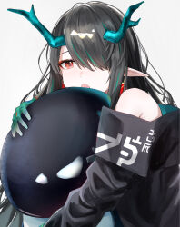  1girl :o absurdres arknights bare_shoulders bitey_(arknights) black_hair colored_extremities commentary dragon_girl dragon_horns dusk_(arknights) earrings green_hair grey_background hair_over_one_eye highres horns jewelry kei11525 long_hair looking_at_viewer multicolored_hair one_eye_covered open_mouth pointy_ears red_eyes simple_background solo streaked_hair upper_body 