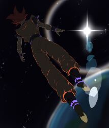  1boy blue_footwear blue_sash blue_shirt dougi dragon_ball_z_kami_to_kami highres kazumax76 male_focus orange_pants orange_shirt pants redhead sash shirt solo son_goku space spiky_hair super_saiyan super_saiyan_god 