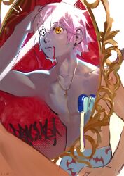 1boy blood earrings fang highres linesharkart mirror pink_hair shirtless vampire
