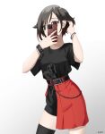  1girl ar_jart black_hair breasts cellphone chain medium_breasts medium_skirt original phone red_skirt short_hair shorts skirt taking_picture 