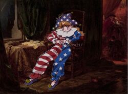  1girl american_flag american_flag_print artist_name black_footwear blonde_hair clownpiece dated fine_art_parody flag_print full_body hat highres indoors jester_cap konoha217 long_hair neck_ruff outline parody polka_dot_headwear purple_hat red_eyes sitting solo stanczyk_(painting) touhou white_outline 