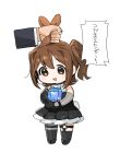  1boy 1girl :3 animal_ears black_dress black_gloves black_thighhighs brown_eyes brown_hair detached_sleeves dress elbow_gloves gem gloves grabbing_another&#039;s_ear hand_on_another&#039;s_ear hanging highres holding holding_gem idolmaster idolmaster_million_live! idolmaster_million_live!_theater_days kasuga_mirai looking_down medium_hair open_mouth petite rabbit_ears rabbit_tail side_ponytail sidelocks single_detached_sleeve single_elbow_glove single_glove spawnfoxy tail thigh-highs thigh_strap white_background 