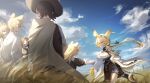  2boys 4girls absurdres animal_ears arknights black_dress blonde_hair blue_sky breasts brown_hair cloak closed_eyes clouds coat commentary_request crying crying_with_eyes_open dorothy_(arknights) dress field gloves hat highres lab_coat large_breasts long_hair mouse_ears mouse_girl mouse_tail multiple_boys multiple_girls open_clothes open_coat outdoors outstretched_arms parted_bangs pelvic_curtain ponytail pouch scene_reference sekai_noto sky spoilers tail tears wheat_field white_cloak yellow_gloves 