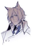  1boy animal_ear_fluff animal_ears arknights coat collared_shirt frown hair_over_one_eye high_collar highres horse_boy horse_ears ieiieiiei looking_at_viewer male_focus mlynar_(arknights) monochrome necktie sepia shirt short_hair simple_background sketch solo upper_body white_background 