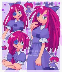  1girl alternate_hairstyle artist_name black_eyes blush border bow braid buttons chibi chibi_inset closed_mouth collared_dress commentary crossed_arms dress english_commentary eyeshadow frilled_sleeves frills hair_bow halftone long_hair looking_at_viewer makeup maromichan multiple_views open_mouth outline pink_eyeshadow pink_hair puffy_short_sleeves puffy_sleeves purple_background purple_bow purple_dress ragatha_(the_amazing_digital_circus) short_sleeves simple_background smile star_(symbol) the_amazing_digital_circus transparent_border triangle_nose upper_body white_border white_outline 
