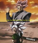  2boys artist_name black_hair dragon_ball dragon_ball_af dragon_ball_super earrings english_text goku_black highres jewelry long_sleeves male_focus multiple_boys open_mouth pink_hair pipeesnow potara_earrings ring serious spiky_hair subtitled super_saiyan super_saiyan_rose white_hair zaiko_(dragon_ball_af) 