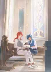  2boys absurdres aji_11300913 antenna_hair belt black_undershirt blue_hair blue_pants blue_vest boots brown_belt cake candle cathedral church closed_eyes collared_shirt commentary_request dark-skinned_male dark_skin day diluc_(genshin_impact) eyepatch food fruit genshin_impact grey_vest hair_between_eyes hair_over_one_eye hat highres holding holding_food kaeya_(genshin_impact) laughing leg_up long_hair male_focus multiple_boys musical_note one_eye_covered open_mouth pants party_hat pew redhead shirt sitting stained_glass step-brothers step-siblings strawberry vest vision_(genshin_impact) white_footwear white_pants white_shirt 