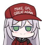  baseball_cap black_necktie blush chibi closed_mouth coat collared_shirt cosplay english_commentary english_text female_commander_(girls&#039;_frontline) female_commander_(girls&#039;_frontline)_(cosplay) girls_frontline green_eyes grey_hair griffin_&amp;_kryuger_military_uniform hat long_hair make_america_great_again necktie original randgriz96 red_coat red_headwear shirt simple_background smile white_background white_shirt 
