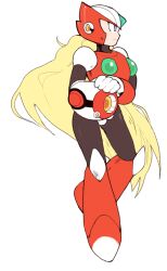  1boy androgynous android arm_cannon armor black_bodysuit blonde_hair blue_eyes bodysuit boots chest_jewel expressionless forehead_jewel full_body gem green_gemstone helmet inkerton-kun knee_boots long_hair low_ponytail male_focus mega_man_(series) mega_man_x_(series) otoko_no_ko red_armor red_footwear red_helmet robot simple_background solo standing very_long_hair weapon white_background zero_(mega_man) 