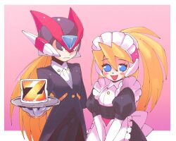  1boy 1girl 1up alternate_costume android apron arm_behind_back black_coat black_dress black_eyes black_helmet black_pants black_suit blonde_hair blue_eyes blush_stickers butler ciel_(mega_man) coat collared_shirt dress enmaided expressionless fake_horns formal_clothes frilled_apron frills gloves hand_up helmet high_ponytail holding holding_tray horned_helmet horns inkerton-kun long_hair long_sleeves looking_at_viewer low_ponytail maid maid_headdress mega_man_(series) mega_man_zero_(series) open_mouth pants pink_helmet puffy_short_sleeves puffy_sleeves red_helmet robot_ears shirt short_sleeves single_letter suit tailcoat tray v_arms waist_apron white_apron white_gloves white_shirt zero(z)_(mega_man) zero_(mega_man) 
