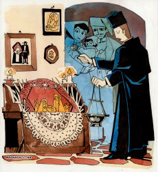  1girl 2boys baby baby_carry biretta black_robe blessing_gesture brown_hair bull candle carrying cassock christian_mythology coat donkey facial_hair family flower headscarf highres holy_water indoors jesus magnagallina multiple_boys mustache nativity original picture_frame priest robe saint_joseph smile virgin_mary 