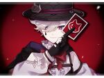  1boy black_capelet black_gloves black_headwear bow bowtie capelet card center_frills closed_mouth commentary_request detached_sleeves ego_(ego_inp) eyelashes facial_mark frilled_shirt frills genshin_impact gloves grey_hair hair_between_eyes hair_over_one_eye hand_up hat highres holding holding_card letterboxed long_sleeves looking_at_viewer lyney_(genshin_impact) male_focus parted_bangs playing_card red_background red_bow red_bowtie shirt short_hair simple_background sleeveless sleeveless_shirt smile solo swept_bangs teardrop_facial_mark top_hat two-tone_gloves upper_body violet_eyes white_gloves white_shirt white_sleeves 