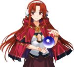  1girl alicesoft cape cleavage_cutout clothing_cutout crystal_ball earmuffs jewelry light_smile long_hair looking_at_viewer necklace rance_(series) red_eyes redhead simple_background smile solo willis_fujisaki 