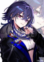  1girl black_hair blue_hair collared_shirt cropped_shirt ear_piercing earrings fur-trimmed_jacket fur_trim grin highres ichinose_uruha ichinose_uruha_(4th_costume) jacket jewelry long_sleeves looking_at_viewer lupinus_virtual_games multicolored_hair official_art open_clothes open_jacket parted_lips piercing pokimari sample_watermark shirt smile solo streaked_hair upper_body violet_eyes virtual_youtuber vspo! watermark white_background white_shirt wolf_cut zoom_layer 
