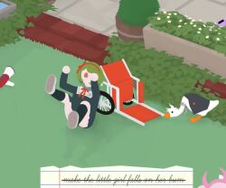  1girl :o bird black_dress black_socks bush danganronpa_(series) danganronpa_another_episode:_ultra_despair_girls dress falling goose green_hair hairband kmnm_1403 kneehighs komaeda_nagito megaphone neck_ribbon outdoors pulling red_hairband ribbon school_uniform servant_(danganronpa) short_hair socks stairs towa_monaca untitled_goose_game wheelchair 