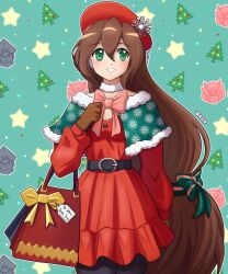  1girl alternate_costume bag beret bow brown_hair capelet christmas christmas_tree colonel_(mega_man) deniacp dress gift_bag gloves green_eyes hair_between_eyes hat hat_ornament highres holding holding_bag iris_(mega_man) long_hair long_sleeves mega_man_(series) mega_man_x_(series) pink_bow red_bag red_dress red_hat smile snowflake_hat_ornament solo star_(symbol) very_long_hair yellow_bow zero_(mega_man) 