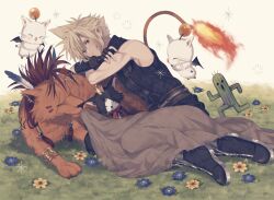  234_(1234!) 3boys biceps black_fur black_shirt blanket blonde_hair cactus cait_sith_(final_fantasy) cat_boy cloud_strife crown feather_hair_ornament feathers fiery_tail final_fantasy final_fantasy_vii fingerless_gloves flower flying furry furry_male gloves grass hair_ornament looking_at_viewer lying male_focus mane moogle multiple_boys on_grass on_side red_fur red_scarf red_xiii redhead sabotender scar scar_across_eye scarf shirt sleeping sparkle spiky_hair tail white_fur 