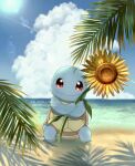  absurdres animal_focus beach closed_mouth clouds cumulonimbus_cloud flower fuyu_(utngrtn) highres holding holding_flower lens_flare no_humans nostrils palm_tree pokemon pokemon_(creature) red_eyes smile squirtle standing sunflower tree turtle twitter_username watermark yellow_flower 