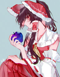  1girl absurdres apple bad_apple!! bow brown_hair collar collarbone collared_shirt crossed_legs detached_sleeves expressionless food frills from_side fruit hair_bow hair_tubes hakurei_reimu hand_on_own_knee highres holding holding_food holding_fruit long_hair looking_at_viewer neck pleated_skirt ponytail profile red_bow red_eyes red_shirt red_skirt rivergod shirt signature simple_background sitting skirt sleeveless sleeveless_shirt solo touhou white_collar 