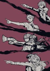  3boys 3girls absurdres ahoge akamatsu_kaede backpack bag bare_arms blazer bucket buttons collared_jacket collared_shirt crooked_eyewear danganronpa:_trigger_happy_havoc danganronpa_(series) danganronpa_2:_goodbye_despair danganronpa_another_episode:_ultra_despair_girls danganronpa_v3:_killing_harmony determined dress_shirt eyeegg fingernails floating_hair floating_neckwear fukawa_toko glasses greyscale_with_colored_background hair_between_eyes hair_ornament hairclip head_on_another&#039;s_shoulder highres hinata_hajime holding holding_bag holding_megaphone holding_weapon hood hood_down hooded_jacket jacket lapels layered_sleeves long_hair long_sleeves megaphone multiple_boys multiple_girls musical_note musical_note_hair_ornament naegi_komaru naegi_makoto neckerchief necktie open_clothes open_jacket pink_background pinstripe_jacket pinstripe_pattern pointing pointing_forward round_eyewear saihara_shuichi sailor_collar school_uniform serafuku shirt short_hair short_sleeves sweater_vest taser upper_body v-neck very_long_hair vest weapon zipper zipper_pull_tab 