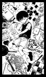  1boy anniversary black_border border bow_(music) box cactus camera closed_eyes closed_mouth collared_shirt confetti cookie copyright_name flower food frying_pan gift gift_box gladiolus grand_piano greyscale highres instrument knife konoito_nui light_bulb male_focus monochrome omori photo_(object) piano picnic_basket picnic_blanket pinwheel scrapbook sheet_music shirt short_hair short_sleeves shorts socks solo spatula sunflower sunny_(omori) sweater_vest tulip violin 