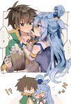  1boy 1girl absurdres alcohol aqua_(konosuba) beer blue_dress blue_eyes blue_hair blue_shirt blue_skirt blush bow brown_hair cape capelet couple detached_sleeves dress drunk embarrassed face-to-face finger_to_another&#039;s_mouth finger_to_mouth full-face_blush green_bow green_cape green_capelet green_eyes green_ribbon hair_between_eyes hair_ornament hair_rings hand_on_another&#039;s_chest hand_on_another&#039;s_face hetero highres holding holding_clothes imminent_kiss kono_subarashii_sekai_ni_shukufuku_wo! long_hair long_sleeves looking_at_another open_mouth pekeheihou ribbon satou_kazuma shirt short_hair simple_background single_hair_ring skirt sleeping sleeping_on_person surprised very_long_hair white_shirt white_sleeves zzz 