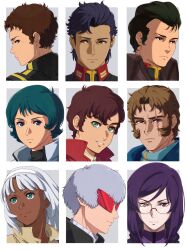  6+boys after_war_gundam_x black_hair blue_eyes bright_noa brown_eyes brown_hair char's_counterattack closed_mouth dark-skinned_male dark_skin earth_federation enelous expressionless glasses green_eyes green_hair grey_hair grin gundam gundam_00 gundam_hathaway's_flash gundam_zz hairband harry_ord hathaway_noa heterochromia highres jamil_neate judau_ashta kamille_bidan kenneth_sleg looking_at_viewer looking_to_the_side looking_up loran_cehack male_focus medium_hair military_uniform multiple_boys profile purple_hair red-tinted_eyewear red_eyes scar scar_across_eye scar_on_face short_hair sideways_glance smile split_mouth sunglasses tieria_erde tinted_eyewear turn_a_gundam white_hairband yellow_eyes zeta_gundam 