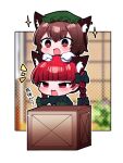  2girls :d absurdres animal_ear_fluff animal_ears architecture blunt_bangs blurry blurry_background blush box braid bright_pupils brown_eyes brown_hair cat_ears chen chibi door dress earrings east_asian_architecture extra_ears friends green_dress green_headwear hat highres jewelry kaenbyou_rin mob_cap multiple_girls plant pointy_ears red_eyes redhead short_hair single_earring slit_pupils smile sparkle touhou twin_braids white_pupils you_(noanoamoemoe) 