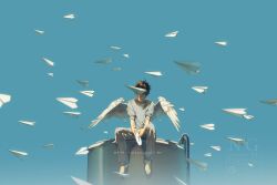  1boy angel_wings barefoot blue_sky brown_hair day feathered_wings grey_pants grey_sweater male_focus original outdoors pants paper_airplane rido_(ridograph) short_hair sitting sky solo sweater wings 