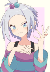  1girl :3 blue_eyes blue_shirt blush closed_mouth freckles hair_bobbles hair_ornament highres kulfae_(solfa0419) pokemon pokemon_bw2 purple_shirt roxie_(pokemon) shirt short_hair smile striped_clothes striped_shirt topknot two-tone_shirt v-shaped_eyebrows white_hair 