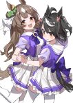  2girls absurdres ahoge animal_ears black_hair blush brown_eyes brown_hair closed_mouth haruyuki_(gffewuoutgblubh) highres horse_ears horse_girl horse_tail kitasan_black_(umamusume) long_hair multiple_girls open_mouth pleated_skirt red_eyes satono_diamond_(umamusume) school_uniform short_hair short_sleeves simple_background skirt smile tail thigh-highs tracen_school_uniform umamusume white_background white_hair white_skirt white_thighhighs 