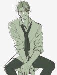  1boy achilles_(fate) arms_between_legs closed_mouth collared_shirt fate_(series) feet_out_of_frame haruakira highres loose_necktie male_focus manspreading mature_male monochrome necktie orange_eyes pants shirt simple_background sitting sleeves_past_elbows smile solo spot_color stool undercut 