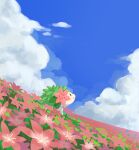  absurdres animal_focus blue_sky closed_mouth clouds cumulonimbus_cloud field flower flower_field from_side green_eyes highres john_(kyoj) looking_up no_humans outdoors pink_flower pokemon pokemon_(creature) shaymin sky smile solo 