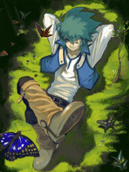  1boy arms_behind_head belt black_belt blue_vest brown_footwear bug butterfly closed_mouth crossed_legs full_body green_hair johan_andersen lying male_focus moiko monarch_butterfly on_back one_eye_closed outdoors shirt smile solo vest white_shirt yu-gi-oh! yu-gi-oh!_gx 