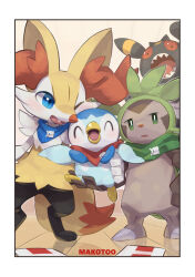  bandana black_eyes blue_eyes braixen carrying chespin closed_eyes commentary_request fangs furry green_eyes highres looking_at_viewer makoto_ikemu open_mouth piplup pokemon pokemon_(creature) pokemon_mystery_dungeon sharp_teeth standing tail teeth umbreon 