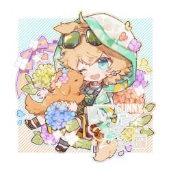  1boy ahoge animal animal_ears anklet arknights blonde_hair blue_eyes blue_flower blue_vest blush bow bracelet cheek_blush chibi closed_eyes dog dog_boy dog_ears dog_tags dog_tail ear_piercing earrings eyewear_on_head falling_petals fang flower flower_on_head fluffy green-tinted_eyewear grey_shorts hair_between_eyes hand_up heart-shaped_mouth highres holding holding_animal hood hood_up hooded_jacket infection_monitor_(arknights) jacket jewelry leaf leaning_back light_blush male_focus messy_hair multiple_necklaces necklace one_eye_closed orange_rope petals piercing purple_bow purple_flower purple_ribbon red_flower ribbon rope sandals see-through_clothes shorts smile solo striped_bow striped_ribbon sunglasses sunny_nisang tail tequila_(arknights) thick_eyebrows tinted_eyewear vest watermark white_jacket yellow_bow yellow_flower yellow_ribbon 