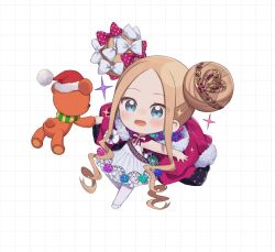  1girl :d abigail_williams_(fate) blue_eyes blush bow brown_hair chibi cloak commentary_request dotted_line double_bun dress fate/grand_order fate_(series) forehead full_body fur-trimmed_headwear fur-trimmed_hood fur_trim grid_background hair_bow hair_bun hat heart highres hood hood_down hooded_cloak pantyhose parted_bangs polka_dot polka_dot_bow purple_bow purple_cloak red_hat santa_hat sidelocks smile solo sparkle striped_bow stuffed_animal stuffed_toy teddy_bear totatokeke white_background white_bow white_dress white_footwear white_pantyhose 