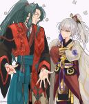  2boys archer_(fate/samurai_remnant) cape command_spell crossed_arms fate/samurai_remnant green_hair grey_hair hair_ornament hairpin japanese_clothes kimono long_hair male_focus multiple_boys ponytail sash smile uhana yellow_eyes zheng_chenggong_(fate) 