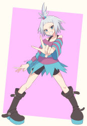  1girl black_footwear black_shorts blue_eyes blue_shirt blush boots commentary full_body hair_bobbles hair_ornament kulfae_(solfa0419) pokemon pokemon_bw2 purple_shirt roxie_(pokemon) shirt short_hair shorts smile solo standing striped_clothes striped_shirt teeth topknot two-tone_shirt v v-shaped_eyebrows white_hair 