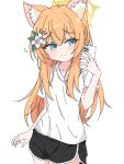  1girl absurdres animal_ears black_shorts blue_archive blue_eyes blush cellphone closed_mouth cowboy_shot dolphin_shorts extra_ears flower hair_flower hair_ornament halo highres holding holding_phone long_hair mangyu0111 mari_(blue_archive) orange_hair phone shirt short_sleeves shorts simple_background smartphone solo white_background white_flower white_shirt yellow_halo 