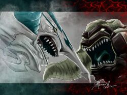  artist_request blue_tongue blue_trim border colored_tongue dragon dragon_horns duel_monster facing_another facing_away facing_to_the_side grey_background highres horns monster no_humans open_mouth ornate_border red_dragon_archfiend red_tongue red_trim roaring sharp_teeth signature stardust_dragon teeth yellow_eyes yu-gi-oh! yu-gi-oh!_5d's 