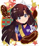  1girl blue_eyes brown_hair commentary_request food hair_ribbon highres japanese_clothes kuonji_ukyou long_hair okonomiyaki ranma_1/2 ribbon smile solo upper_body yasou1010 